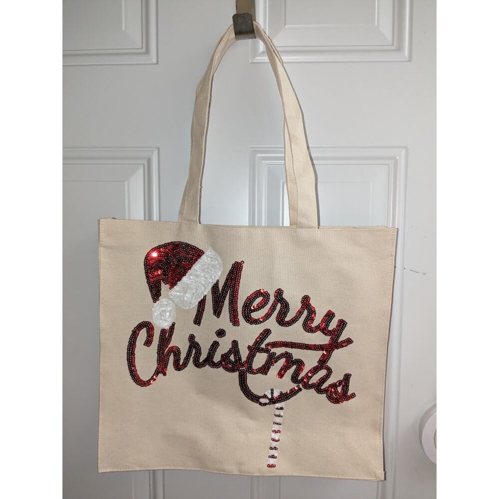 Merry Christmas Canvas Sequined Tote Bag Santa Hat Candy Cane 16"x14"